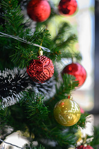 在圣诞树上挂着的红背景图片