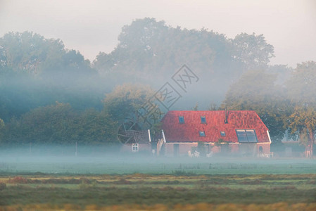 雾蒙的早晨在农村的农舍背景图片