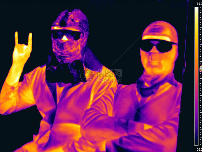 两个戴着口罩和眼镜的人热像仪中的图像红外热像人冠状病图片