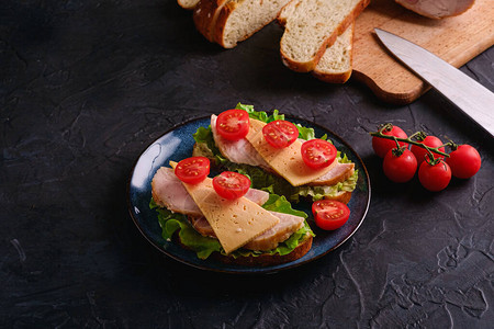 蓝盘上的三明治配鸡腿肉绿色沙拉奶酪和新鲜樱桃番茄片图片
