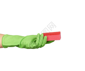 戴着绿色手套清洁和洗碗图片