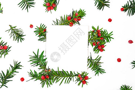 冷杉树枝的圣诞图案与红色浆果背景和注意图片