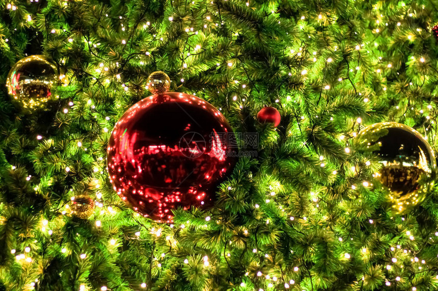 圣诞节装饰和圣诞树枝的照明图片