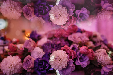 一束粉色红色和紫色的花朵镜面反射图片