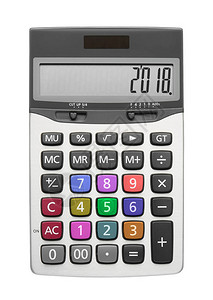 银计算器上含多色按钮和数学或财务计算顶视图的银计算器图片