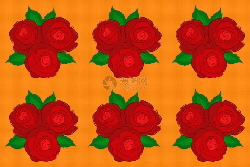 碎花重复光栅玫瑰花朵和绿叶图案绿色橙色和红色的现代图片