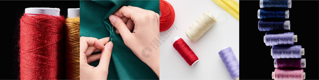 彩色棉线轴和布的拼贴缝纫概念图片