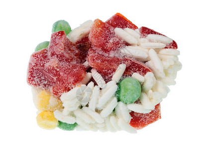 冷冻蔬菜混合物大米豌豆辣椒粉和玉米在白色工图片