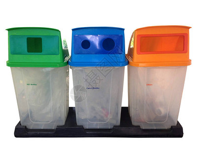 多色绿蓝色橙色垃圾桶隔离在白色背景上垃圾背景图片