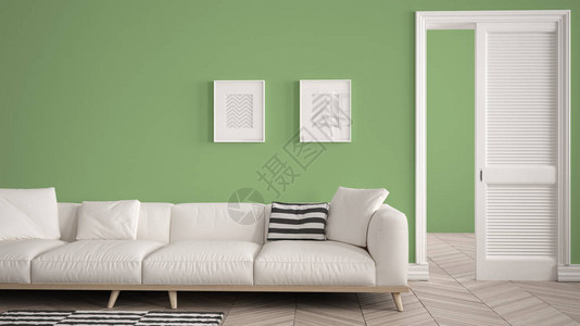 带白色沙发和地毯的现代带开门的绿墙背景人字形镶木地板带复制空间的模板背景背景图片