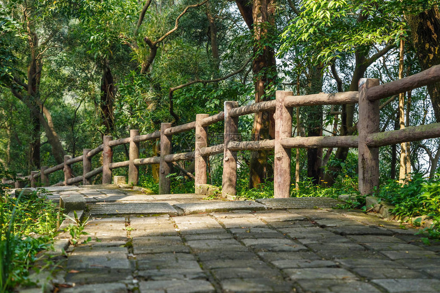 深圳山地公园内带木头栏杆的混凝图片