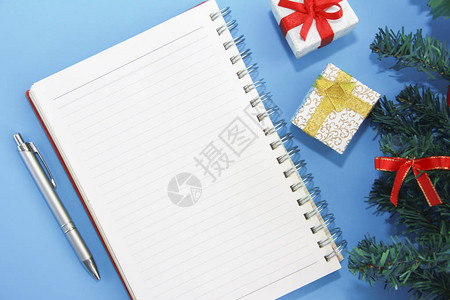 用于笔记和绿色圣诞树的笔记本笔图片