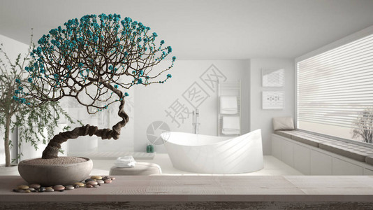 带有鹅卵石和盆花景的复古木桌架白花带浴缸的简约浴室现代室内设计禅宗图片