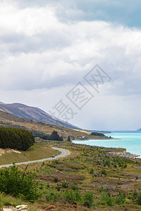 沿南岛Pukaki湖沿岸的一条通航高速公背景图片