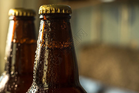 冰镇啤酒瓶装在冰箱里的水滴中图片