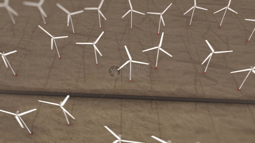 与绿色能源发电的抽象风景带有旋转叶片的风车场图片