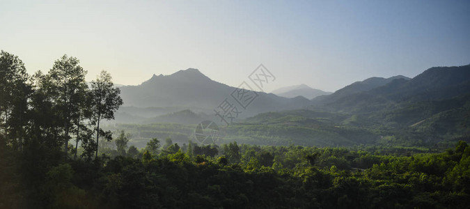 越南雾中早晨的山脉和森林景观图片