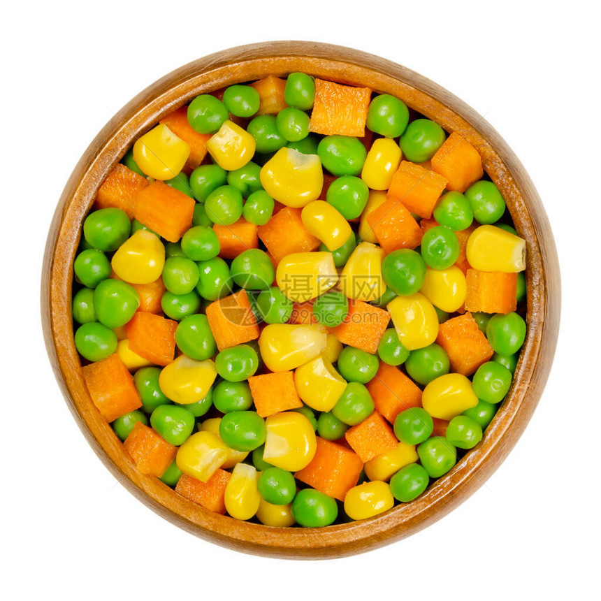 木碗里的青豆玉米和胡萝卜块混合蔬菜豌豆与蔬菜玉米混合图片