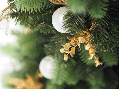 圣诞树装饰品有白球金叶图片