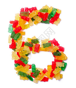 阿拉伯数字6来自白孤立背景的多色咀嚼柑橘酱食物模式由儿童甜熊组成孩子们设计的粗体字背景图片