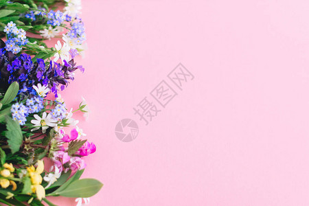 粉红色纸背景上的野花彩色边框高清图片