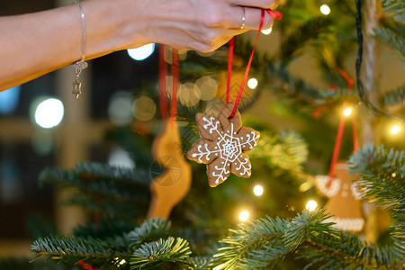 女手将姜饼雪花挂在圣诞树上近角图片