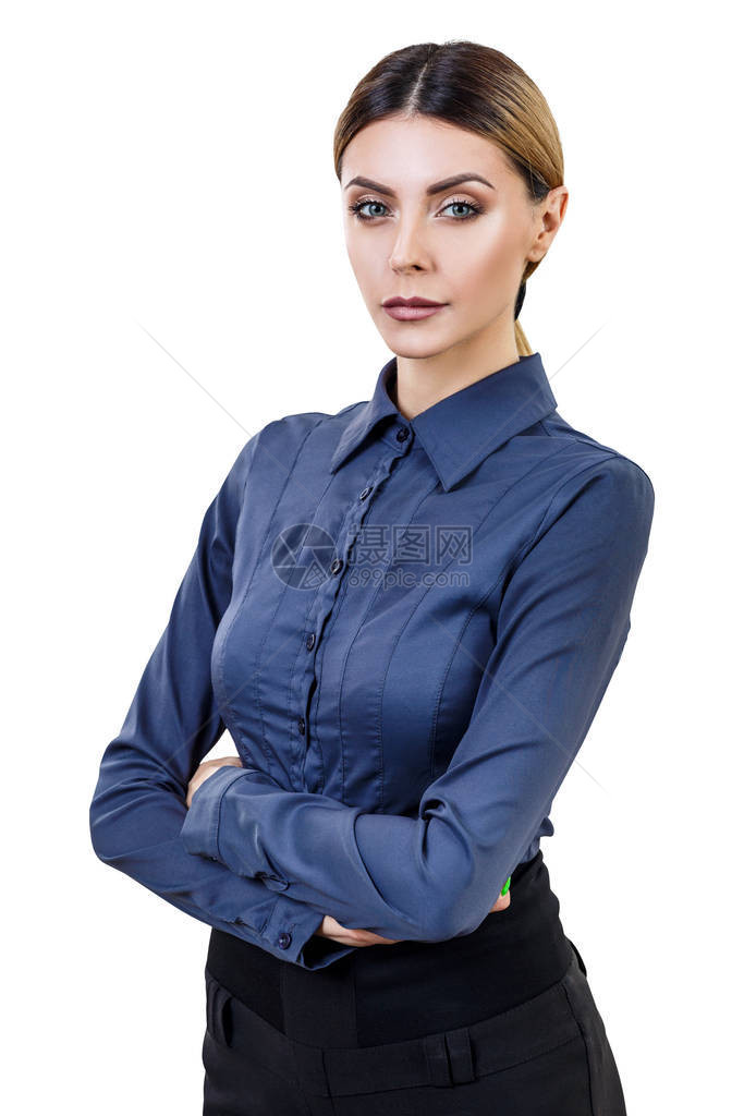 穿蓝衬衫和有交叉手的女商人图片