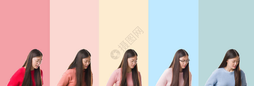美丽的亚洲女在多彩条纹上被拼凑在一起图片