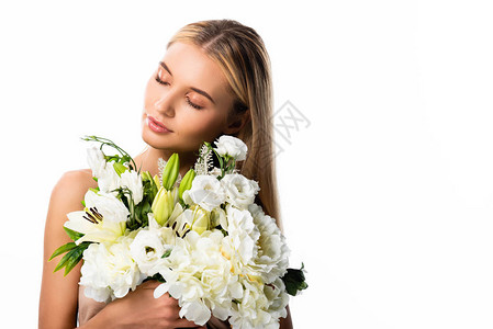 金发美女拿着白色孤立的花朵图片