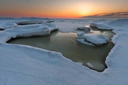 结冰的湖面上的日落图片