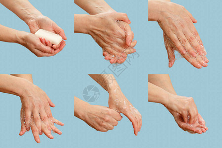 一个女人用蓝色背景上的肥皂洗手的拼贴画正确清洁双手可以防止感染卫图片