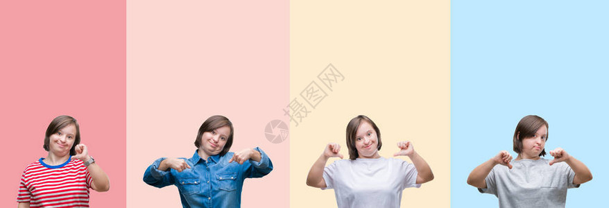 唐氏综合症女在彩色条纹上的拼贴与孤立的背景相得益彰图片