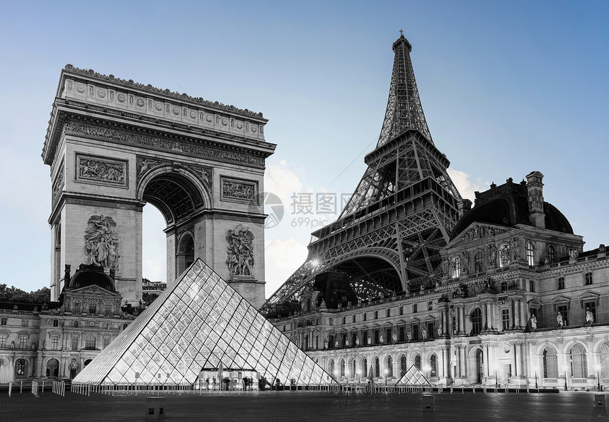 Eiffel铁塔Triomphhe拱门和MuseedeLouvre图片