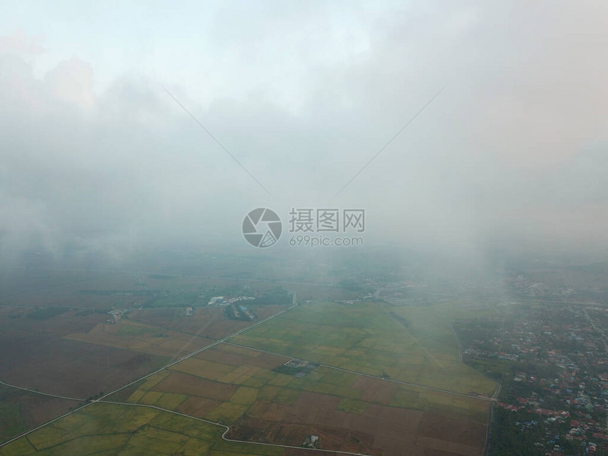 空中俯视稻田与海云图片