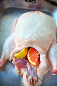 准备烤的柠檬和橙子部分的鸭子图片