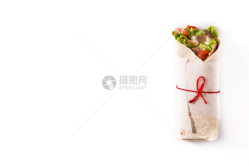 在白色背景中隔离的Donerkebab或Shawarma三明治Top查看图片