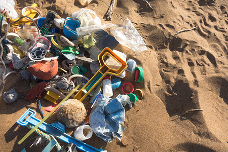 在海滩收集的塑料垃圾海洋图片
