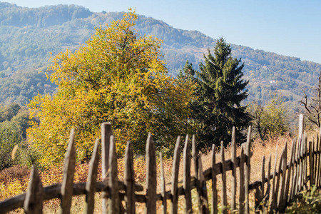 古老的木栅栏美丽的农村景观自图片