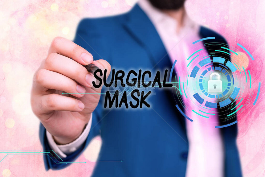 手写文字书写外科口罩卫生专业人员在手术和护理期间佩戴的概念照片用于网络数据信息安全应用系图片