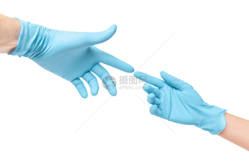 保护医疗手套的两只手相互接触图片