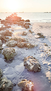 地中海里米尼里乔内岸边的岩石日落时图片