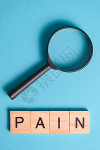 搜索研究进行疼痛迹象研究的概念单词旁边有一个黑色放大镜特写垂直图片