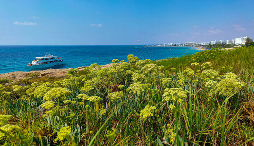 海景岩石沙滩和塞浦路斯阿依纳帕酒店的景色游轮在海中关于塞浦路图片