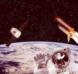 宁航员宇宙航员火箭和从太空看地球的景象背景