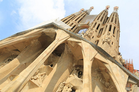 新天安堂Sagrada家庭教堂的低角视图背景