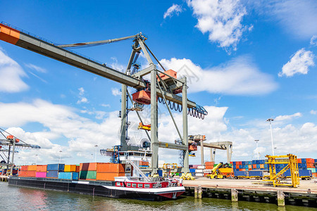 集装箱船和物流用起重机装运货物水路运输进出口业务荷兰鹿特丹国际商业港口背景图片