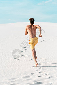 穿着游泳短裤肌肉发达的躯干在沙滩上奔跑的男人的背影图片