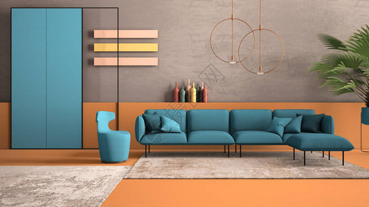 橙色和浅蓝色的现代客厅图片