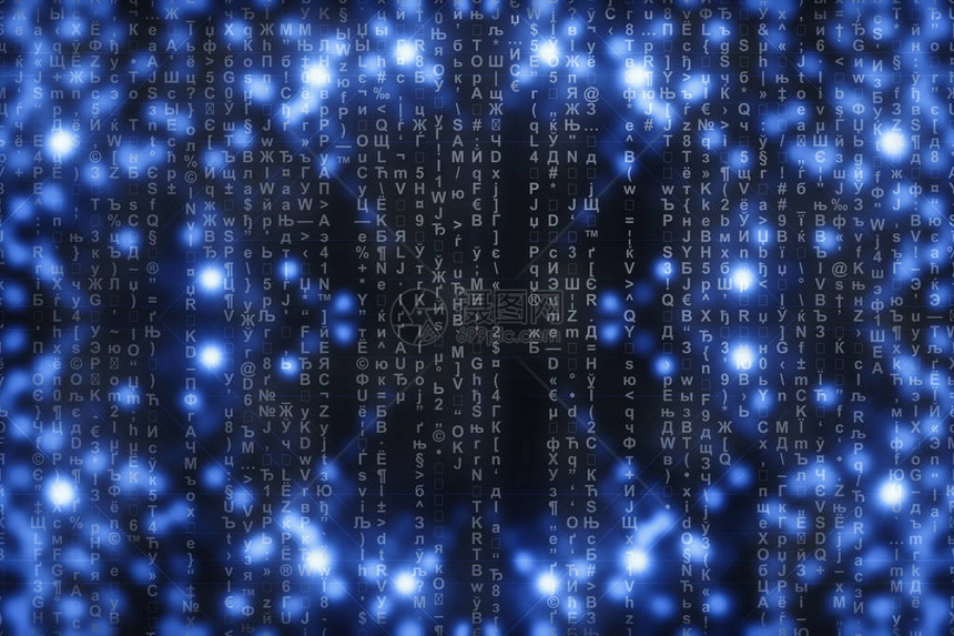 蓝色数字背景上的矩阵倒地符号流带有复制空间的闪亮虚拟现实闪发光的背景复杂的算法下降的字母和数字图片