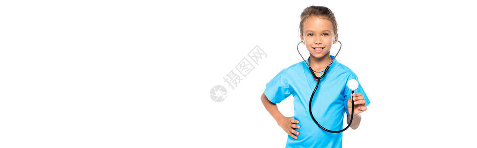 穿着医生服装的孩子的网站标题拿着听诊器图片